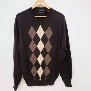 Sebastian Cooper Argyle Sweater Men XL  Cotton Cashmere V Neck Brown Long Sleeve